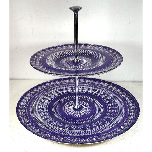 Argent Handmade Purple Silver Glass 2 Tier Serving Tray Stand Made in Turkey - Picture 6 of 15